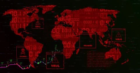 Displaying red world map tracking malware virus threats on computer dashboard, 스톡 일러스트