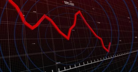 Displaying red zigzag line rising on dark grid screen, with blue circles and Illustrazione stock