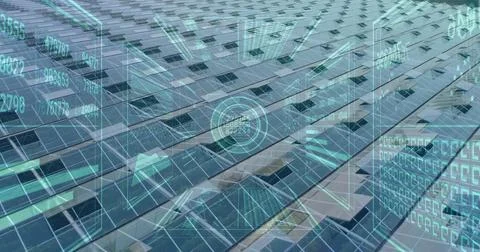 Displaying reflective solar panels streaming real-time analytics data on Illustrazione stock