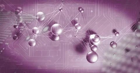 Displaying reflective sphere cluster linking via thin luminous lines in studio Stock Illustration