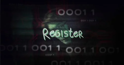 Displaying Register text on screen, showing green fingerprint, binary digits and 库存照片