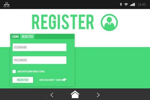 Displaying registration interface on smartphone with flat design green panel, Stock Illustration