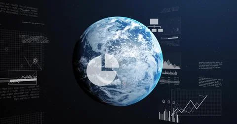 Displaying rendered Earth floating in orbit, showing pie chart, grid panels, Illustrazione stock