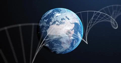 Displaying rendered Earth globe floating in outer space, with dotted helix Stock Illustration