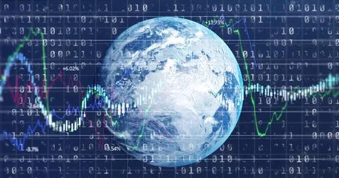 Displaying rendered Earth globe orbiting market data in data dashboard with Stock Photos