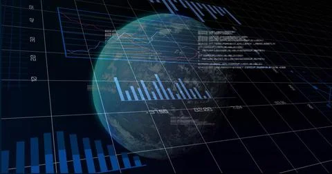 Displaying rendered Earth globe overlaying 3D grid in dashboard, with bar charts Illustrazione stock