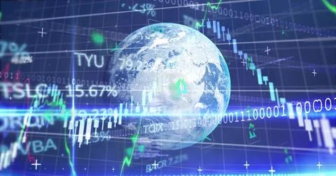 Displaying rendered Earth globe rotating in trading dashboard, showing Stock Illustration
