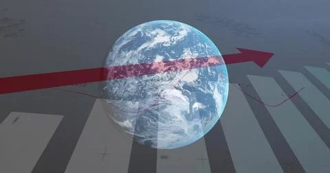 Displaying rendered Earth globe spinning on dark dashboard with red arrow, grey Stock Illustration