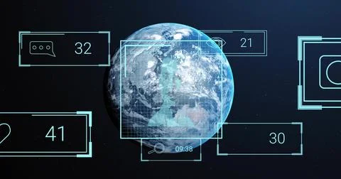 Displaying rendered Earth orbiting deep space, showing grid, triangular marker, Stock Illustration