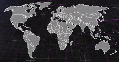 Displaying rendered world map tilting across dark grid, with white borders and Stock Illustration