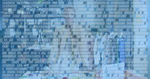 Displaying repeating binary code matrix covering frame, with blurred teal shapes Stock Photos