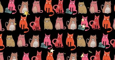 Displaying repeating cat pattern covering solid black canvas, with feed me mugs 写真素材
