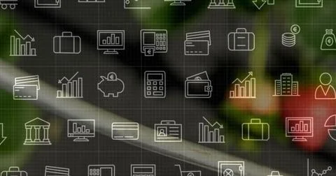 Displaying repeating financial icon grid overlay covering center of frame, with Stockillustratie