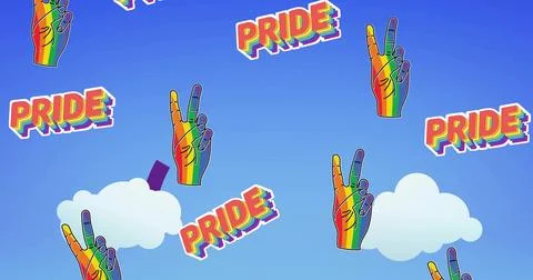 Displaying repeating rainbow hands and PRIDE stickers across blue gradient sky Foto stock
