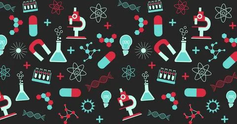 Displaying repeating science icon pattern on dark charcoal surface, with Stock Photos