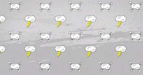 Displaying repeating white cartoon clouds with yellow lightning and puff limbs Illustrazione stock