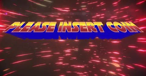 Displaying retro 3D arcade text reading PLEASE INSERT COIN in cosmic neon start Stock Illustration