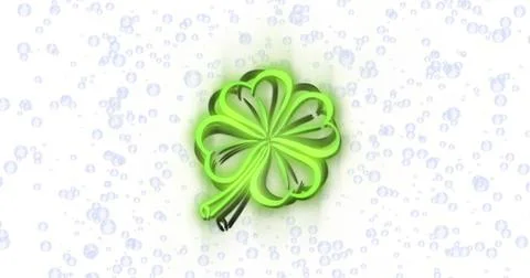 Displaying ribbon four-leaf clover glowing on white canvas, with light-blue Foto stock