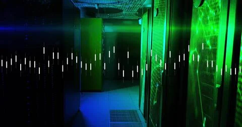 Displaying right server cabinet with mesh door showing green LEDs in server room イラスト素材