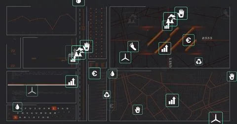 Displaying right-side map panel showing geolocated metrics on dark dashboard, Stock Illustration