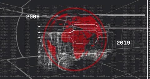 Displaying ring encircling red globe above wireframe truck while data lines Stock Footage 307443584