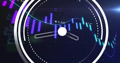 Displaying ringed gauge with hub pointers on dark dashboard, with purple teal Stock Photos