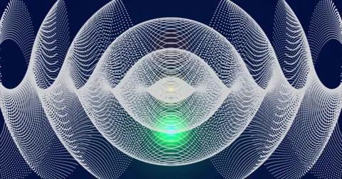 Displaying ringed mesh pulsating in deep navy with white point cloud, green Illustrazione stock