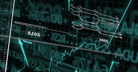 Displaying rising turquoise line chart climbing on dark grid, showing upward Stock Illustration