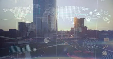 Displaying riverside skyscraper at sunset, with network interface showing map, Stock Photos