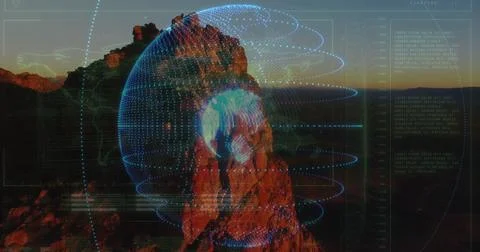 Displaying rock projecting digital globe with interface schematics streaming Stock Photos