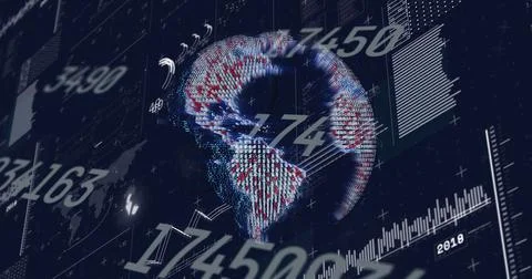 Displaying rotating 3D digital globe of data points on virtual dashboard, with Stock Photos
