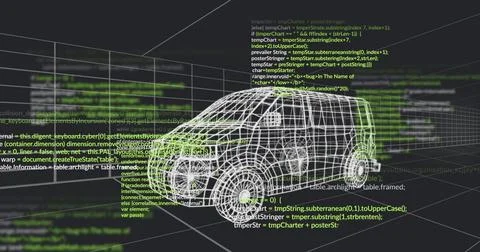 Displaying rotating 3D wireframe van in modeling space, with grid lines and code Foto stock