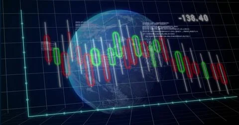 Displaying rotating Earth globe on dark grid, with candlestick bars and floating Stock Illustration