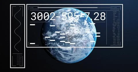 Displaying rotating Earth globe in outer space, with HUD panels displaying data Illustrazione stock