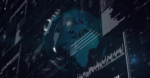 Displaying rotating globe at center in data display overlaying line charts bar 写真素材