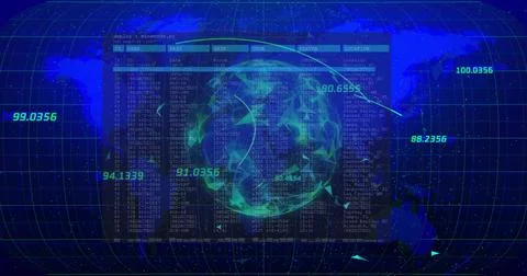 Displaying rotating neon globe on data dashboard with code window, map grid and Stock Illustration