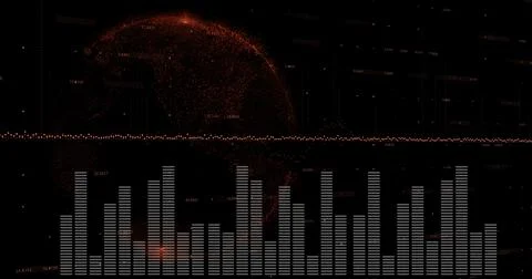 Displaying rotating red globe on dark canvas, with red-dot waveform, white bar Stock Photos