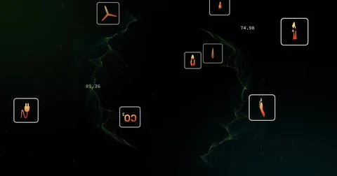 Displaying rounded UI icon cluster on dark dashboard, showing plug, flame, CO2 스톡 사진