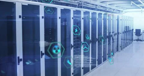 Displaying row of glass-front racks in data center corridor, with neon blue Stock Illustration
