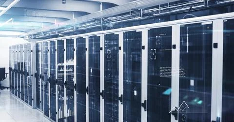Displaying row of glass-front server racks showing overlays and flashing LED Stock Photos