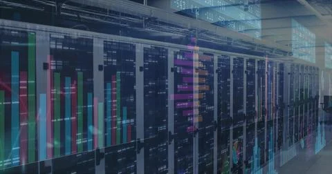 Displaying row of glass server cabinets showing analytics overlays in data Stock Photos