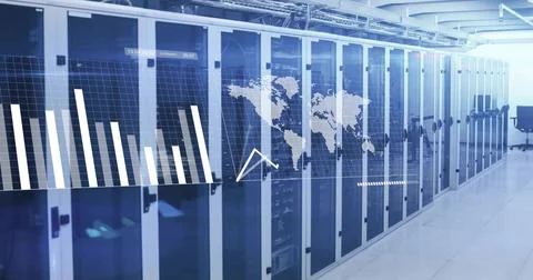 Displaying row of glass server racks streaming data overlays at data center,  Stock Photos
