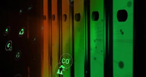 Displaying row of server rack cabinet panels glowing in data center, with CO2 Stock Photos