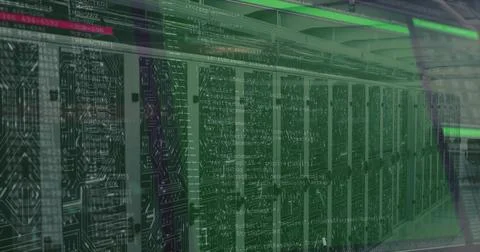 Displaying row of server racks lining data center aisle, with LED indicators and Photos