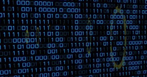 Displaying rows of bright blue binary digits floating across dark interface, Stockillustratie