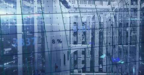 Displaying rows of server racks glowing in data center, with translucent grid Stock Photos