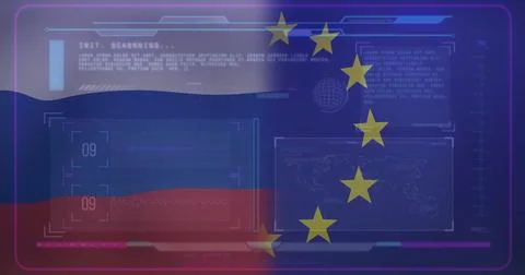 Displaying scanning interface over split Russia and EU flags, showing scanning Stock Photos