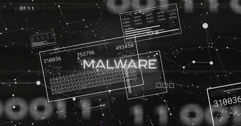 Displaying schematic keyboard overlay pulsing on cyber dashboard, with MALWARE Stock Photos
