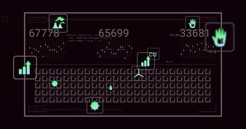 Displaying schematic keyboard showing floating metrics with line graphs, green 写真素材
