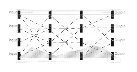 Displaying schematic network on white page, showing black nodes, arrows, X Stock Illustration